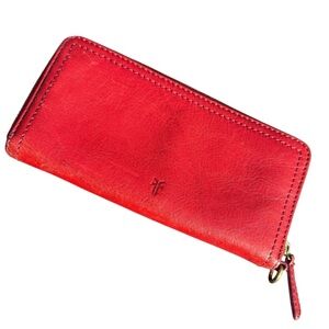 Discontinued Cherry Red Frye Zip Around Wallet Center Emblem w/ Wristlet Ring
